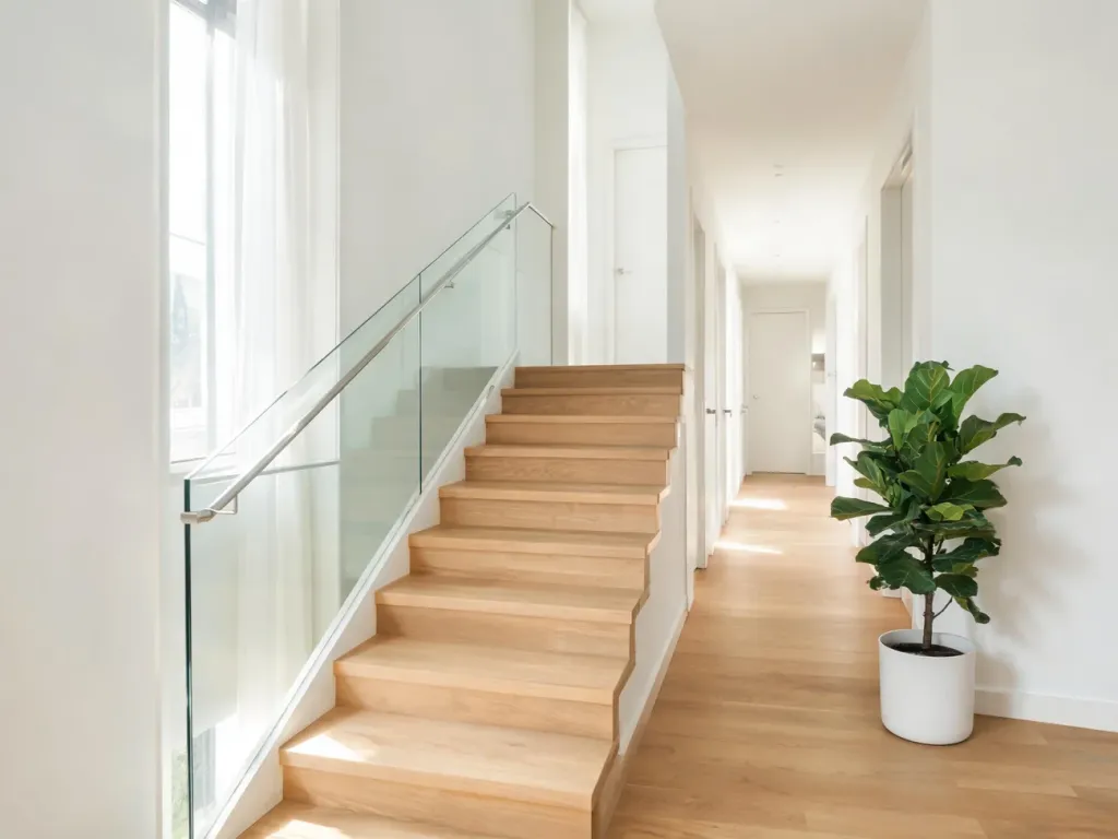 Nowoczesny korytarz z drewnianymi schodami zakończonymi szklaną balustradą, metalową poręczą i doniczką z rośliną.