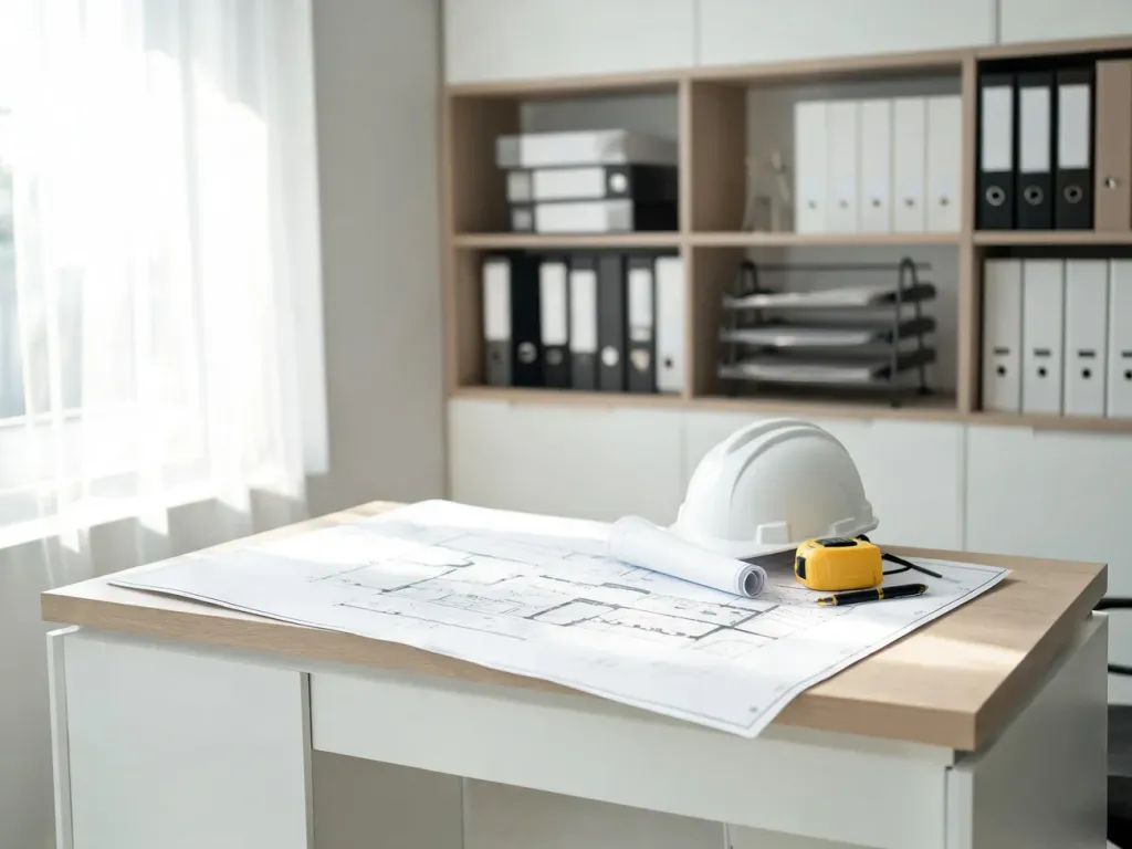Biurko architekta z rozwiniętym projektem technicznym, kaskiem i miarką, na tle segregatorów z dokumentacją powykonawczą.
