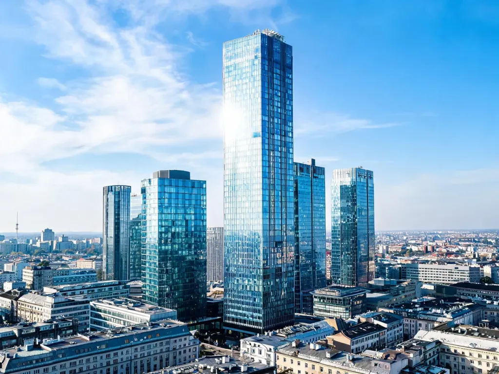 Panorama nowoczesnych polskich drapaczy chmur na tle jasnego nieba, z dominującą szklaną wieżą w centrum miasta.
