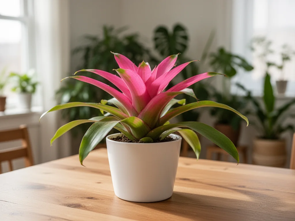 Zdrowa bromelia w białej doniczce na drewnianym stole, w tle jasne, przytulne wnętrze z innymi roślinami doniczkowymi.