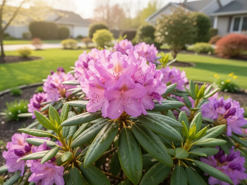 Kwitnący rododendron w słonecznym ogrodzie, różowo‑fioletowe kwiaty i lśniące liście jako przykład uprawy w słońcu