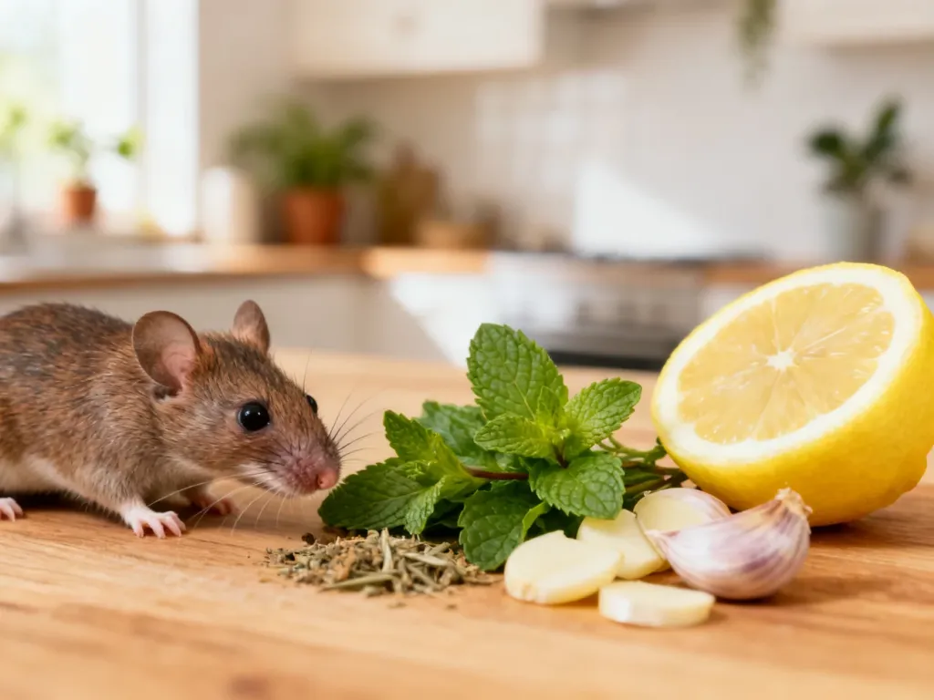 Mysz obwąchuje miętę, czosnek i cytrynę na blacie w kuchni, ilustrując naturalne sposoby odstraszania gryzoni.