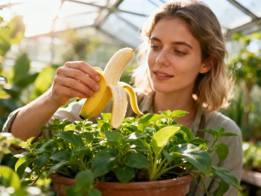 Kobieta umieszcza skórkę banana w doniczce z rośliną, przygotowując domowy nawóz organiczny.