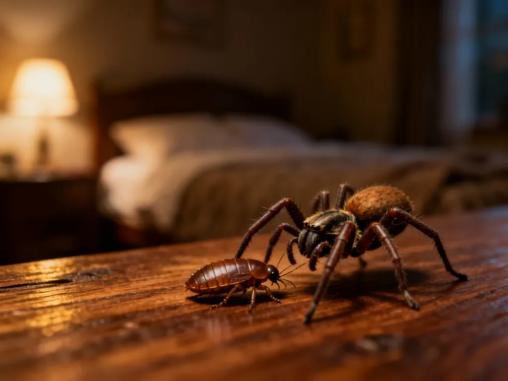 Drapieżny pająk polujący na pluskwę na drewnianej powierzchni w sypialni. Ilustracja naturalnych wrogów pluskiew.