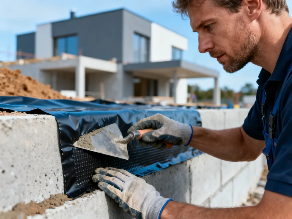Fachowiec nakłada izolację przeciwwilgociową na betonowy fundament budynku w trakcie prac budowlanych.
