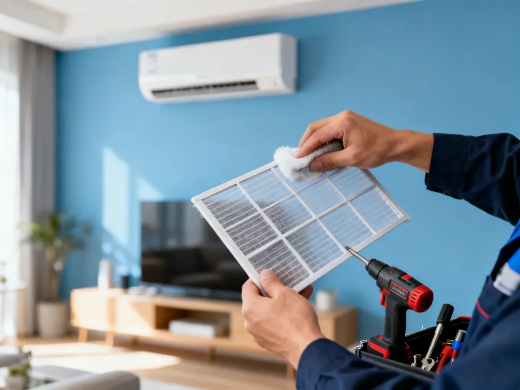 Serwisant czyści filtr klimatyzatora ściennego w nowoczesnym salonie, dbając o sprawność urządzenia.