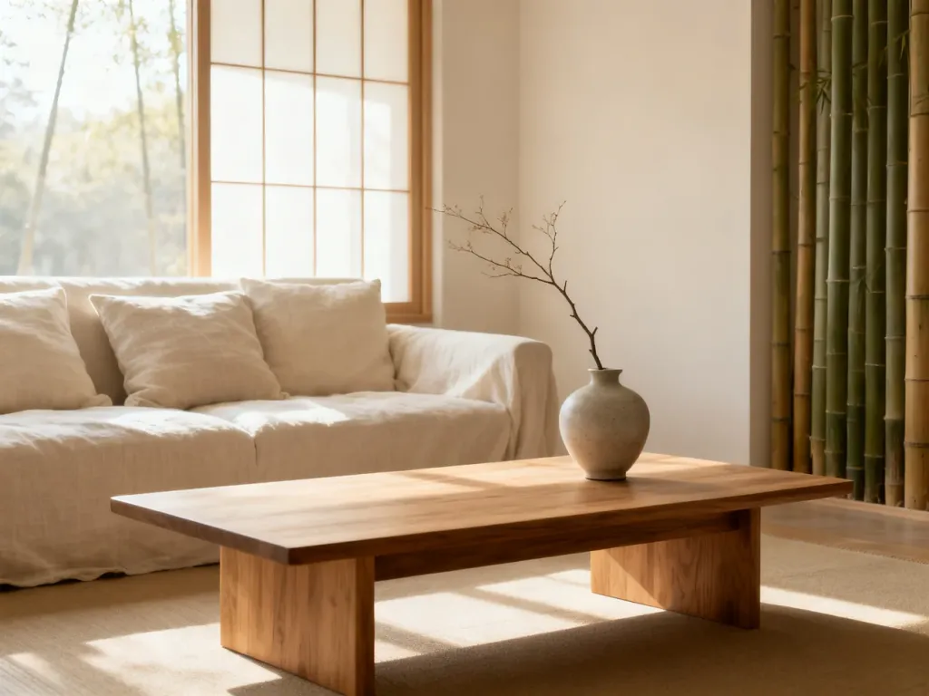 Minimalistyczny salon w stylu japandi z drewnianym stolikiem, jasną sofą i naturalnym światłem, tworzący zen atmosferę.