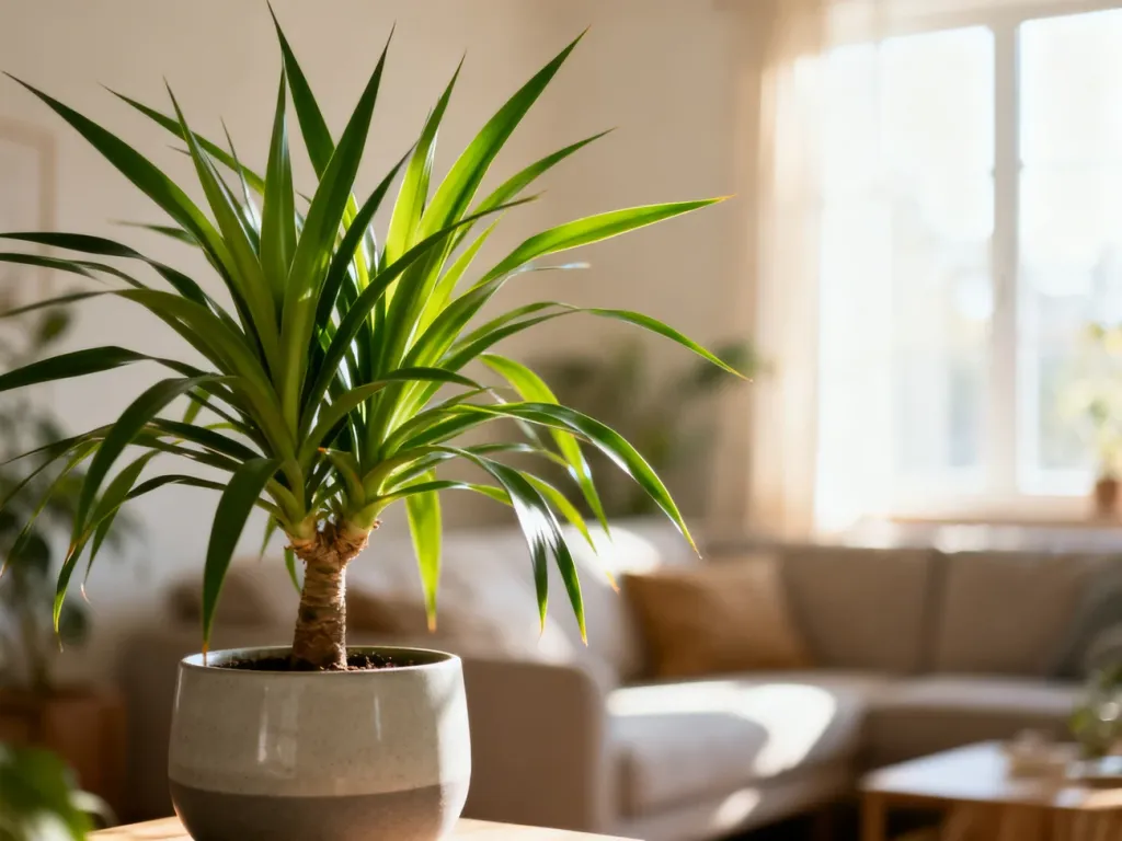 Zdrowa dracena w ceramicznej doniczce, ustawiona w jasnym, przytulnym salonie wypełnionym naturalnym światłem.