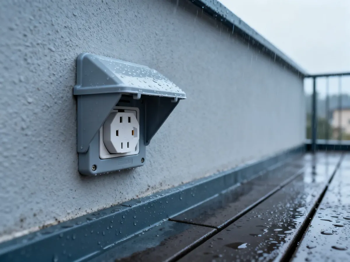 Zewnętrzne gniazdko elektryczne z ochronną klapką na tarasie