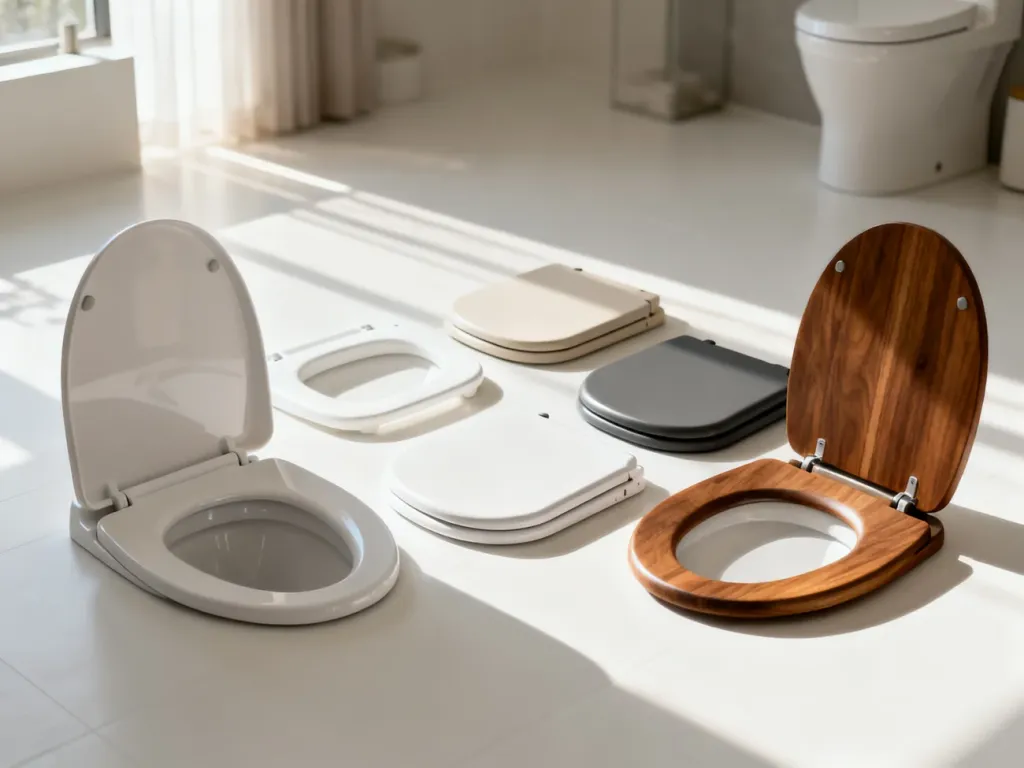 Różne rodzaje nakładek na sedes ułożone na podłodze w jasnej łazience, prezentujące dostępne materiały i wzory.