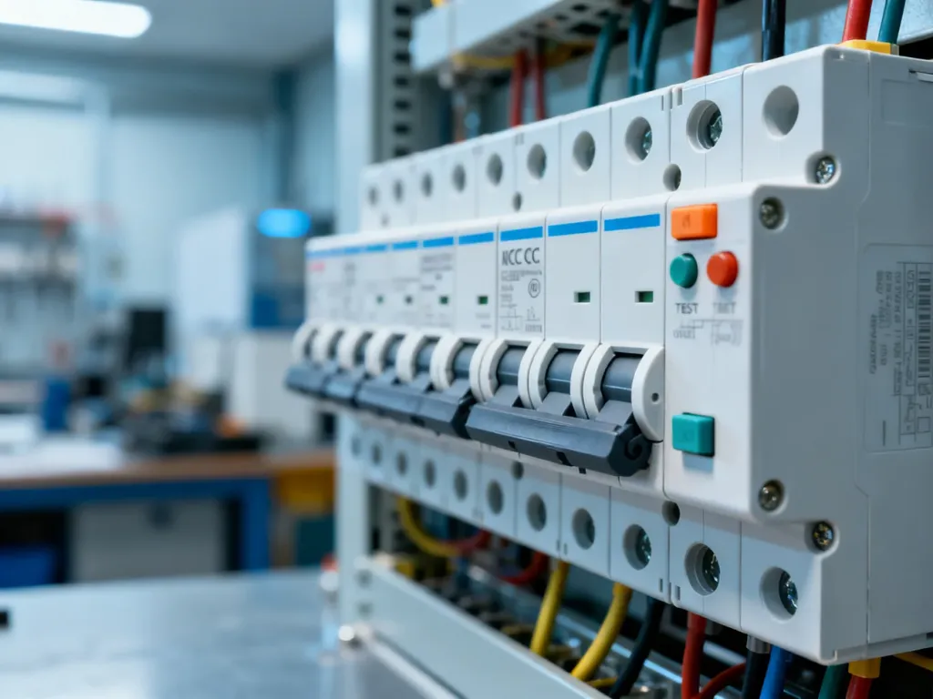Zbliżenie na nowoczesne wyłączniki różnicowoprądowe w rozdzielnicy elektrycznej z widocznymi przyciskami testowymi.
