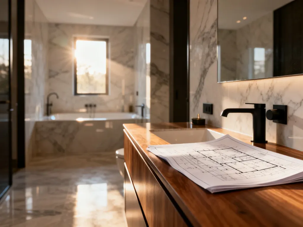 Projekt nowoczesnej łazienki z marmurowymi wykończeniami oraz profesjonalny plan architektoniczny na drewnianym blacie.