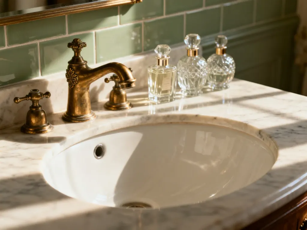 Zabytkowa ceramiczna umywalka z mosiężną baterią i szklanymi flakonami na marmurowym blacie w łazience w stylu retro.