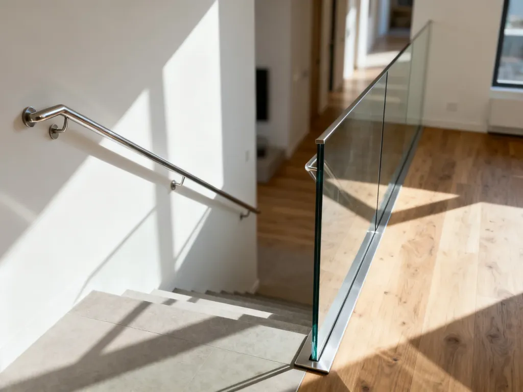 Nowoczesne schody z widocznym porównaniem poręczy przyściennej ze stali nierdzewnej oraz minimalistycznej balustrady szklanej.