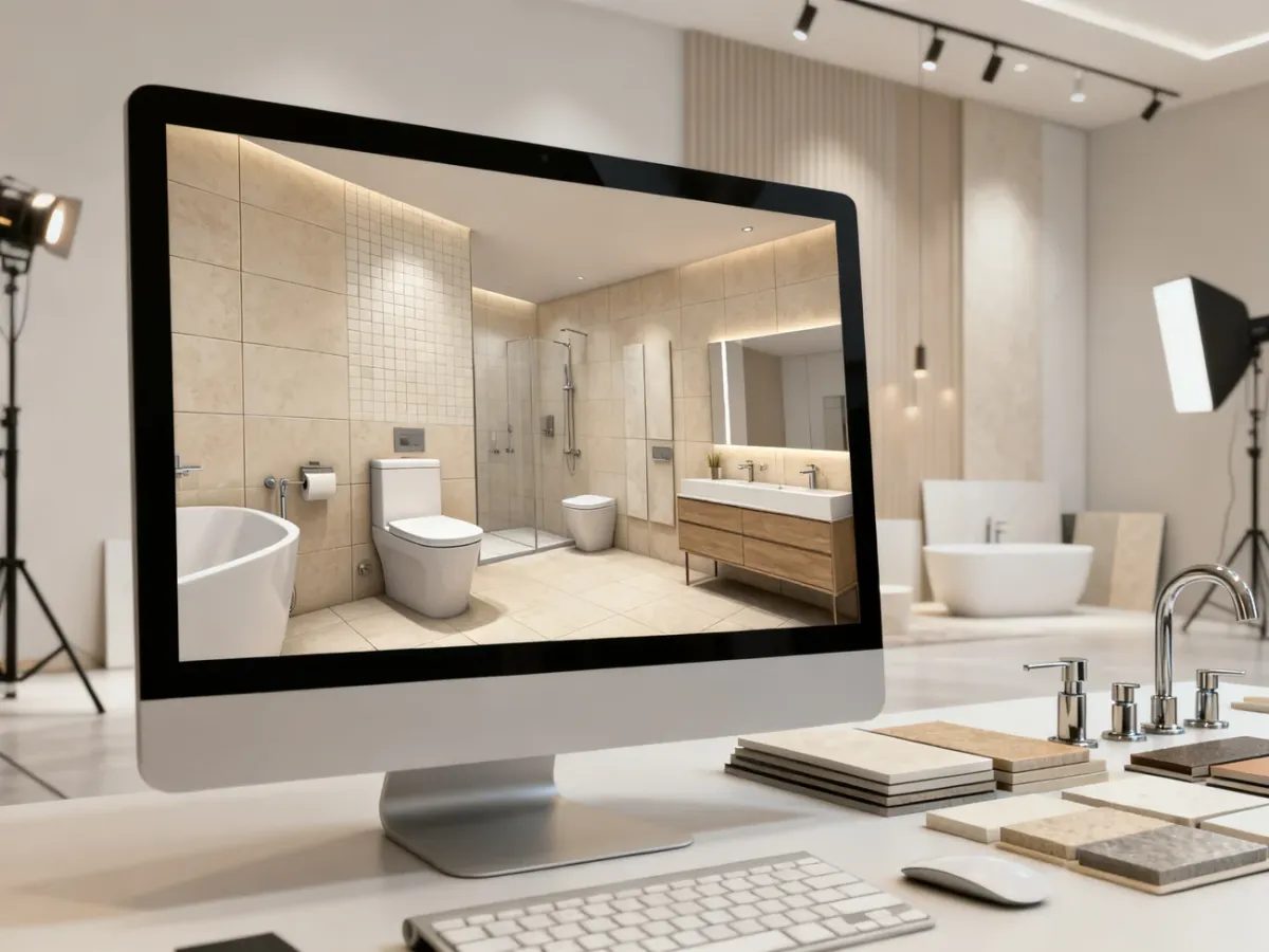 Wizualizacja 3D nowoczesnej łazienki na ekranie podczas konsultacji projektowej