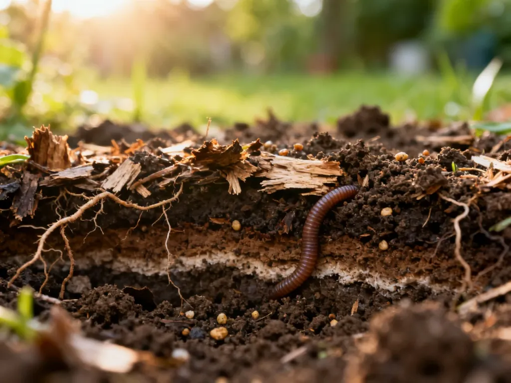 Zbliżenie na żyzną, ciemną glebę próchniczną z widocznymi warstwami materii organicznej, korzeniami i drobnymi organizmami.