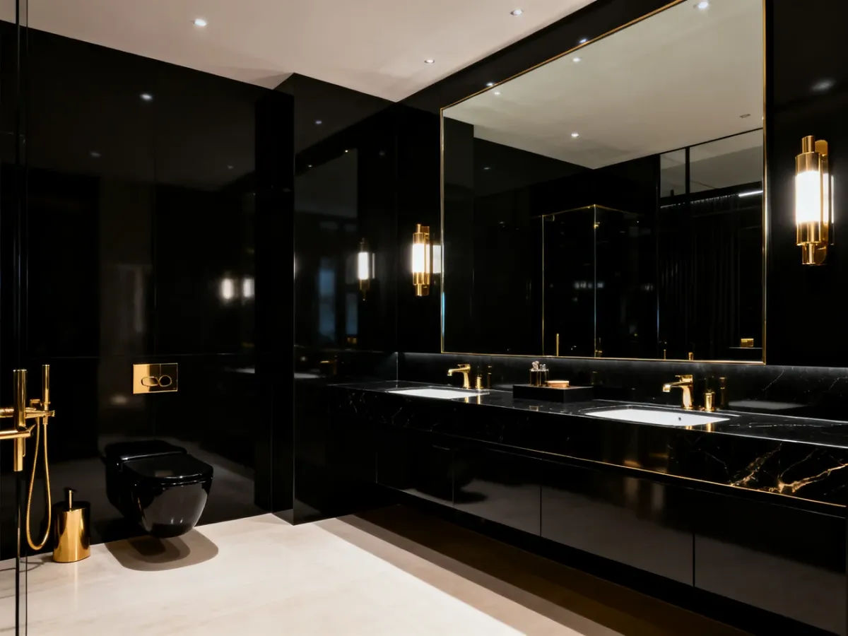 Elegancka łazienka glamour łącząca czerń ze złotem