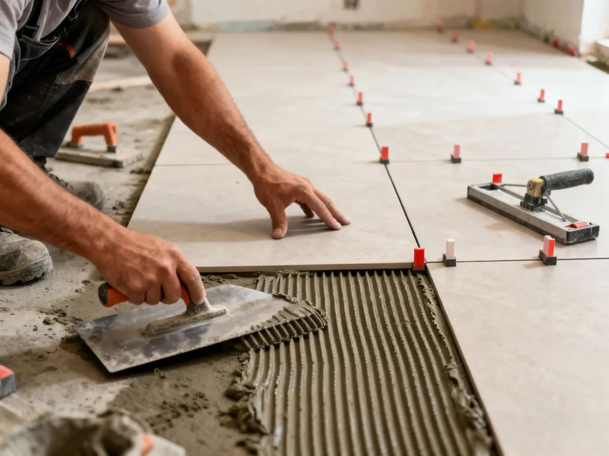 Układanie dużych płytek ceramicznych z użyciem pacy zębatej i systemu poziomowania