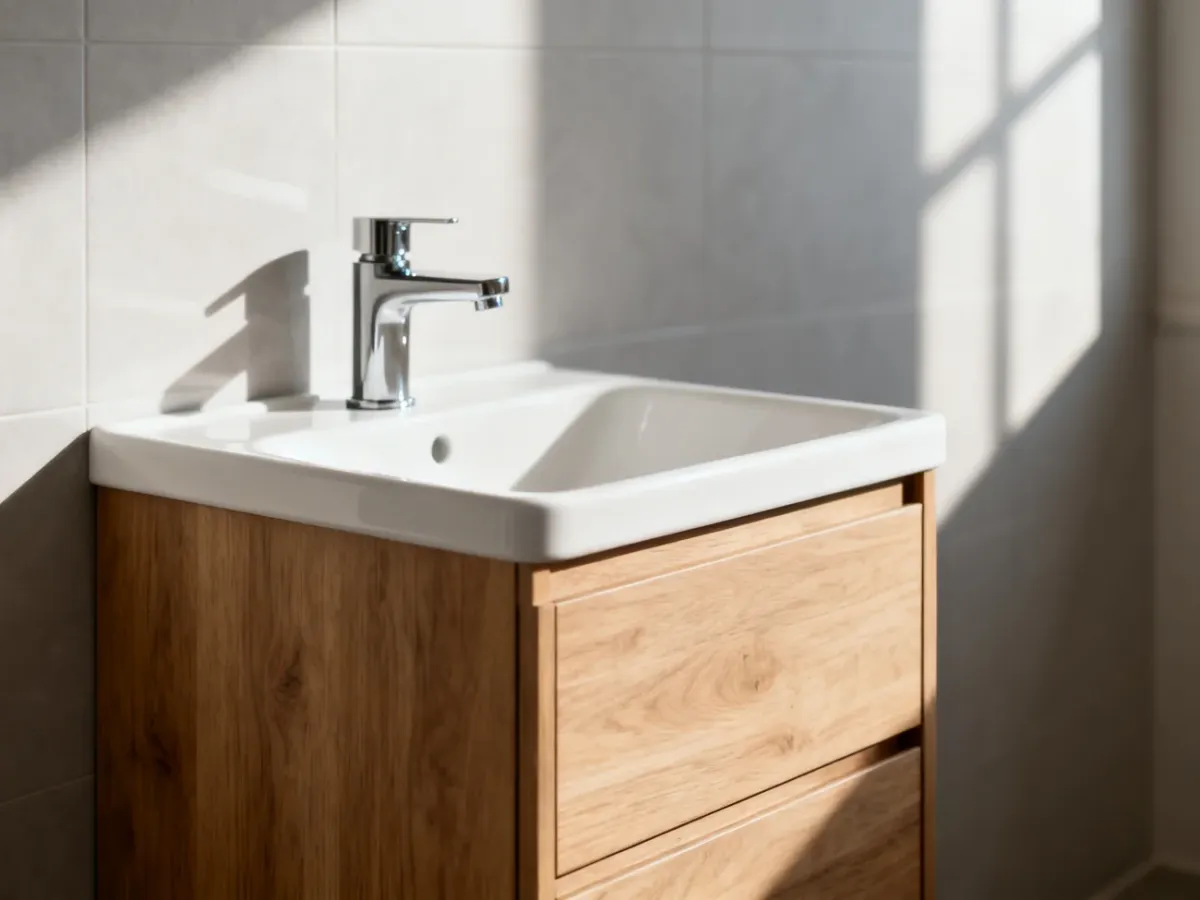 Nowoczesna, drewniana szafka podumywalkowa z białą ceramiką w minimalistycznej, jasnej łazience.