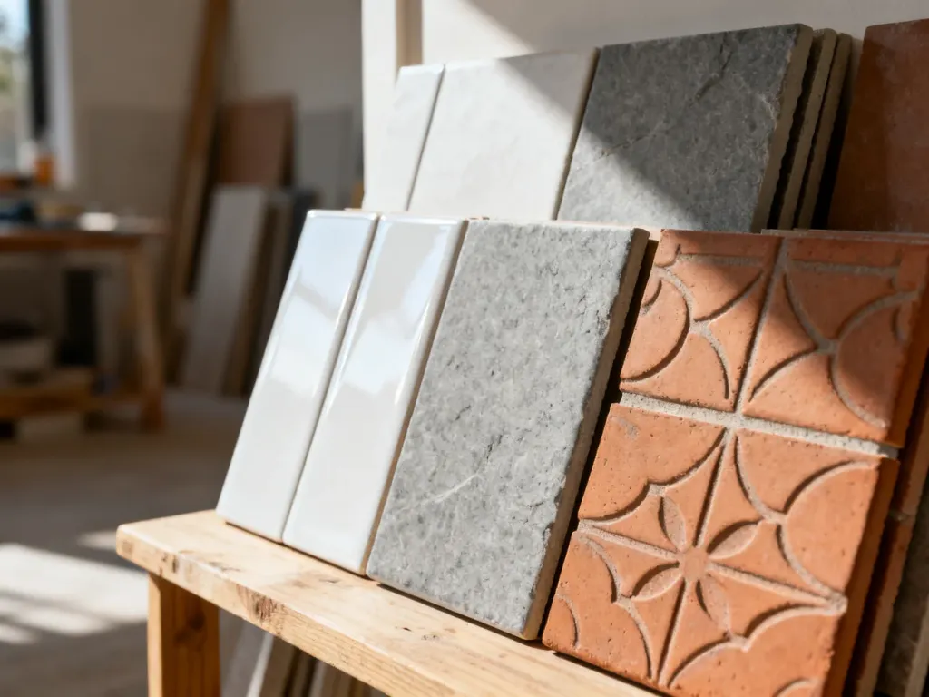 Próbki różnych rodzajów płytek ceramicznych o odmiennych fakturach i wykończeniach, ułożone na drewnianym podłożu.