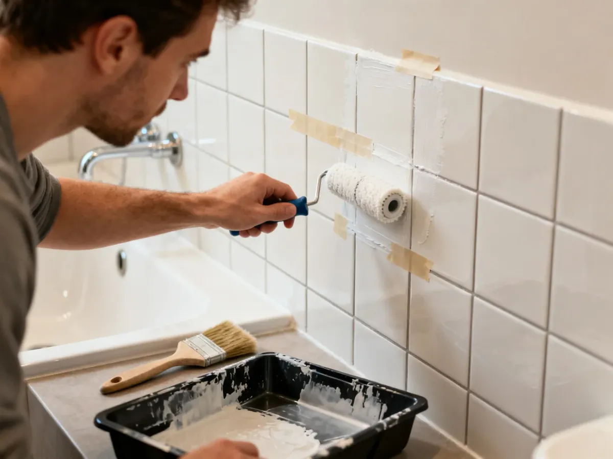 Malowanie przygotowanych płytek ceramicznych wałkiem w łazience