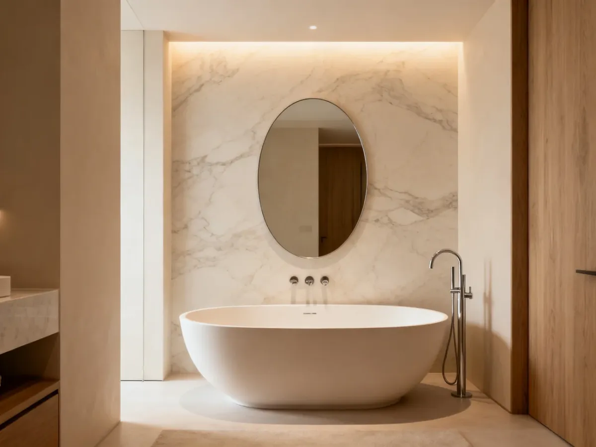 Elegancka łazienka Quiet Luxury z wanną wolnostojącą i marmurową ścianą