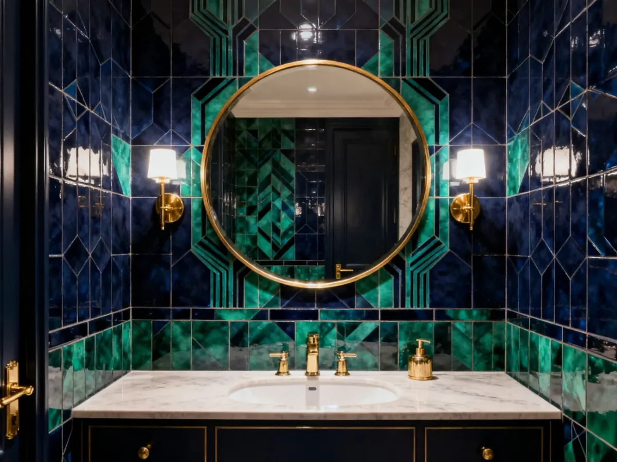 Łazienka New Art Deco z geometrycznymi płytkami i złotymi detalami