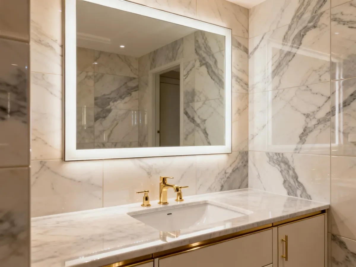 Elegancka łazienka glamour z marmurowymi płytkami i złotymi detalami