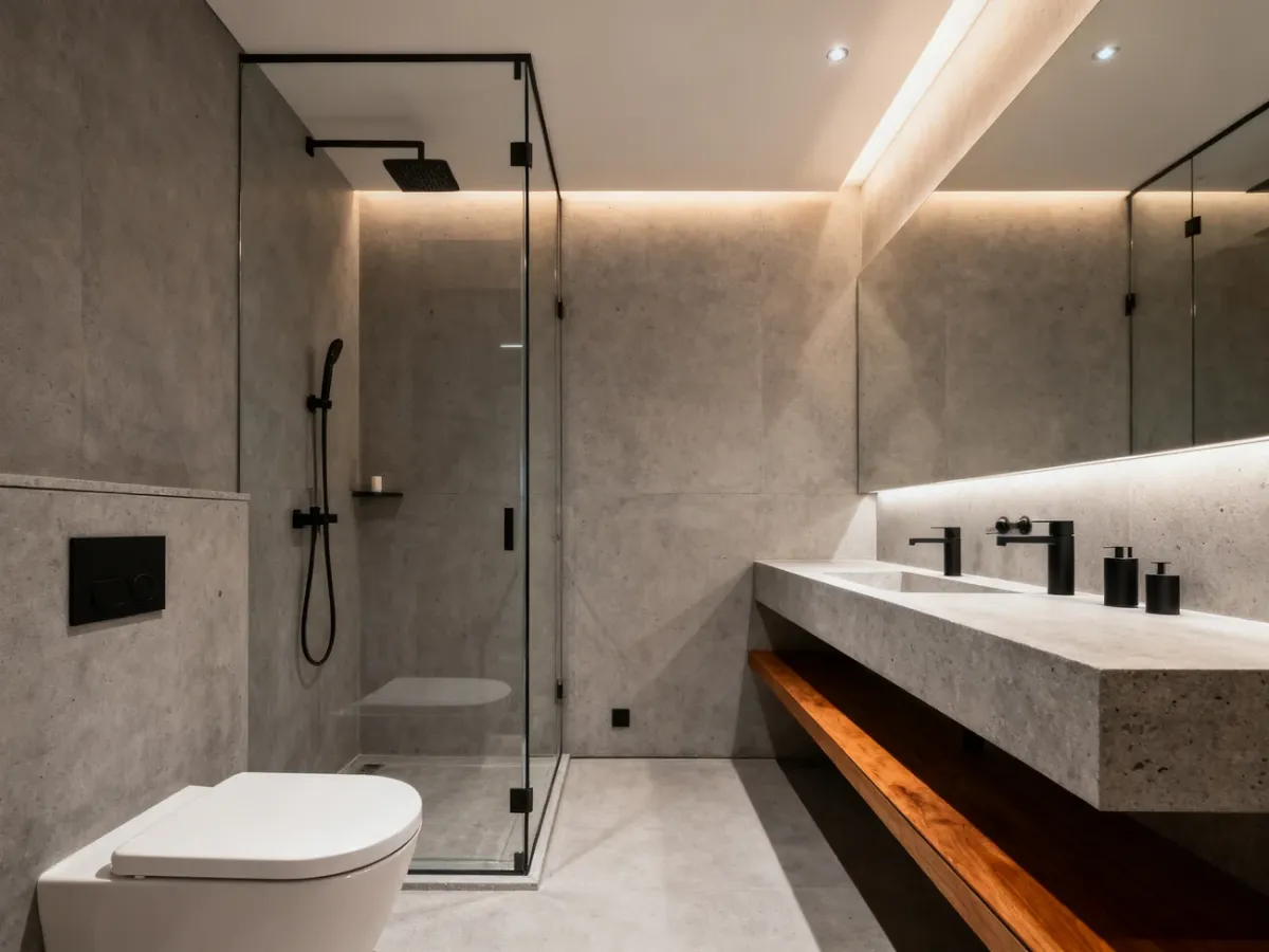 Minimalistyczna łazienka modernistyczna z kabiną walk-in i podwieszaną szafką