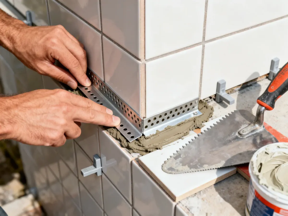 Montaż metalowej listwy narożnej między płytkami