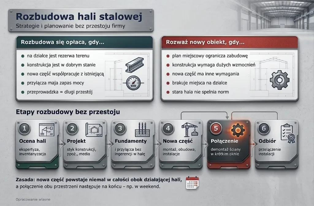 Rozbudowa hali stalowej – kiedy się opłaca i etapy prac bez przestoju firmy