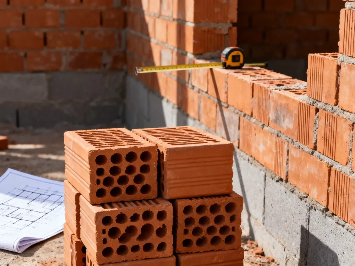 Pustaki ceramiczne ułożone przy częściowo wymurowanej ścianie