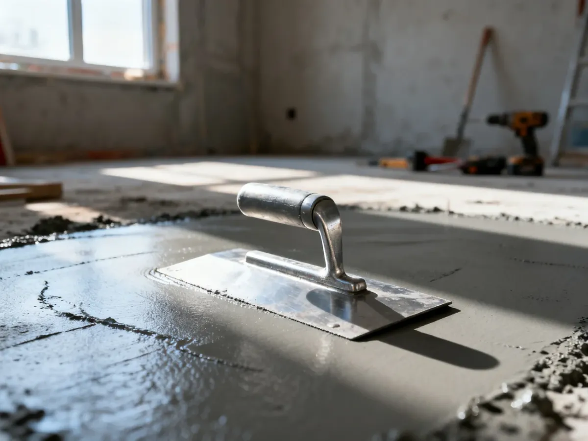 Metalowa paca na świeżo wylanej, wygładzonej posadzce betonowej w trakcie prac wykończeniowych.