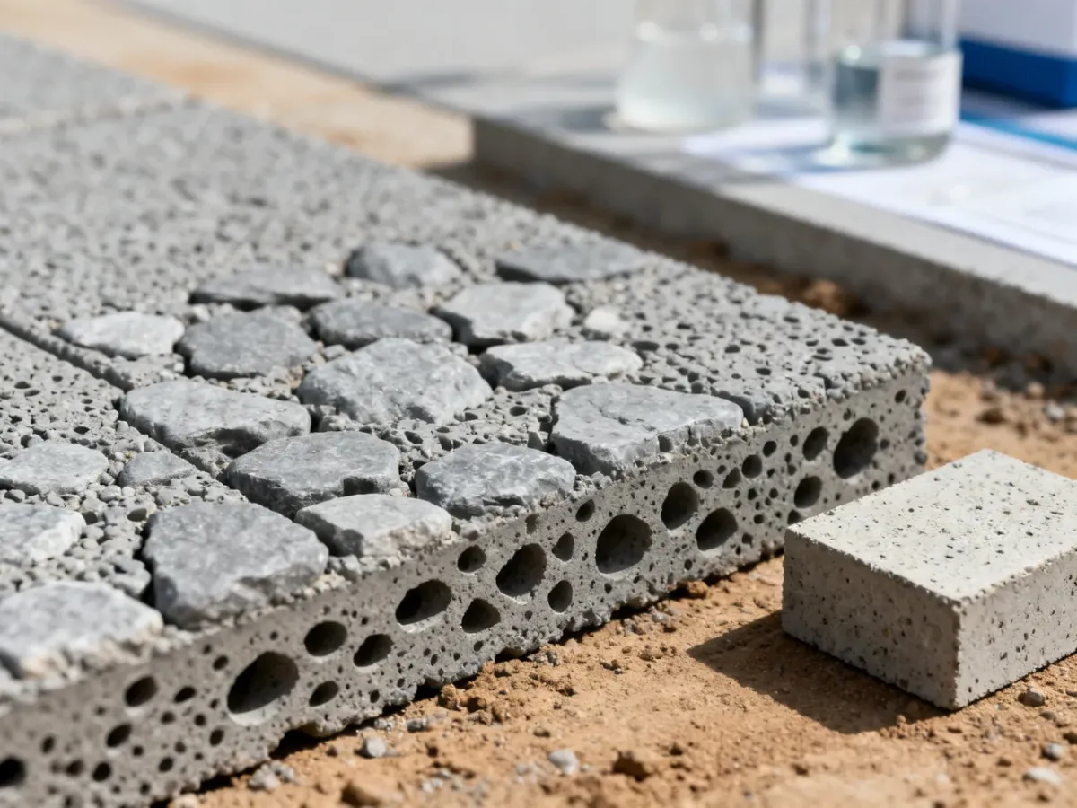 Zbliżenie porowatej struktury betonu drenażowego z widocznymi kruszywami i pustkami