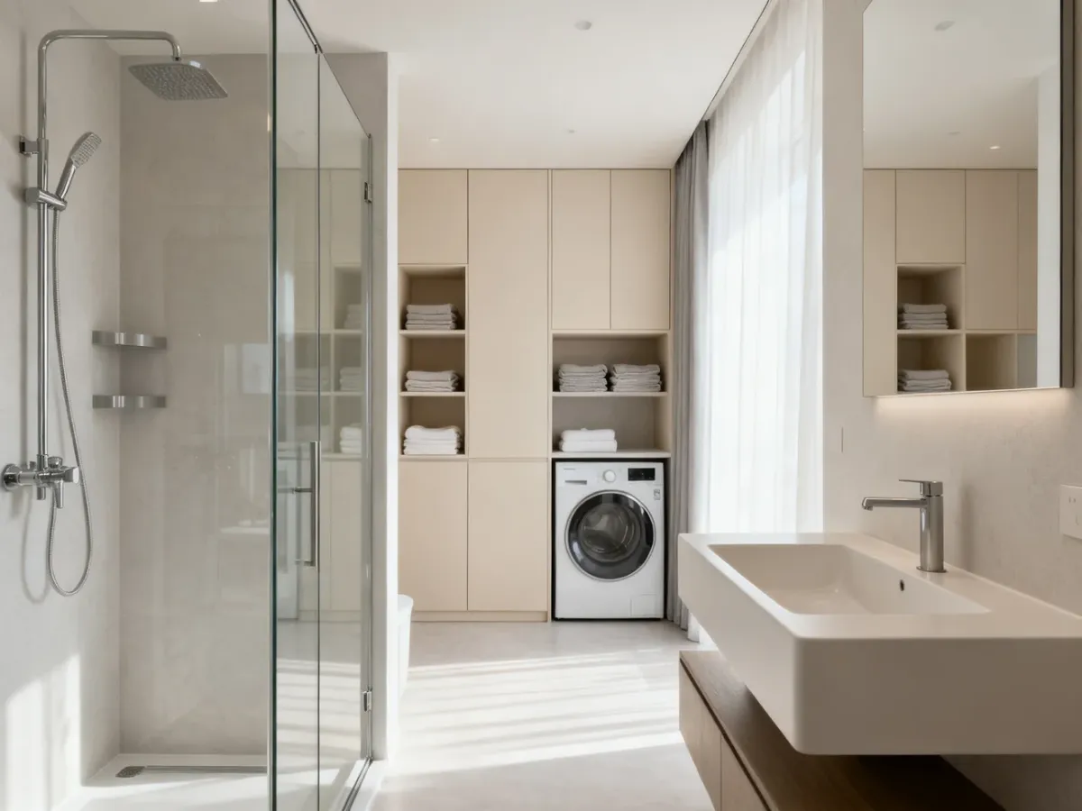 Nowoczesna łazienka z wyraźnym podziałem na strefę mokrą i suchą