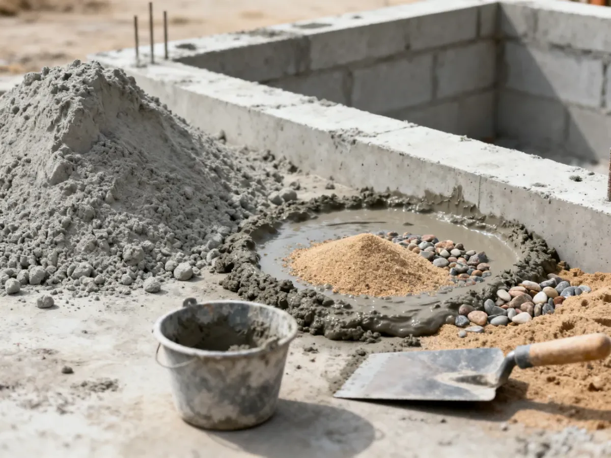 Cement powder beside fresh concrete with construction materials in the background