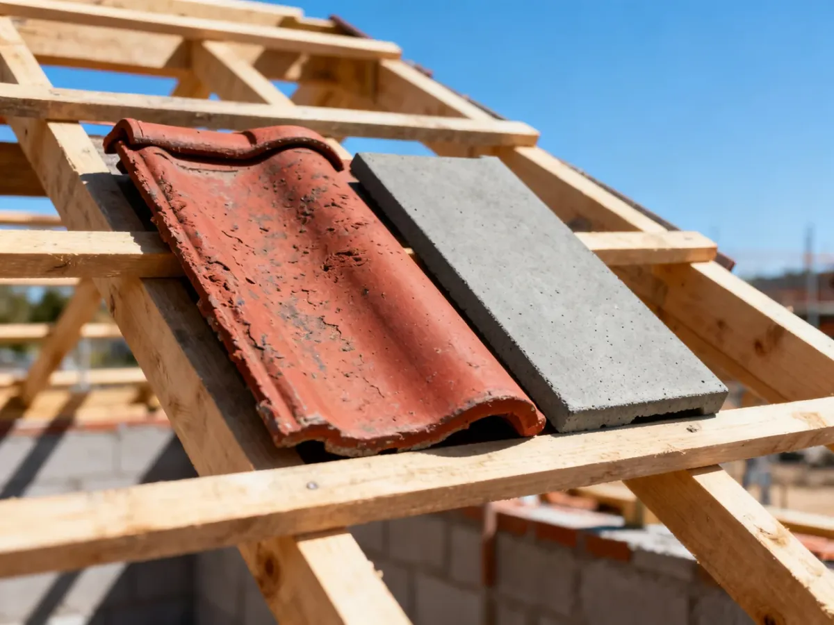 Porównanie faktury czerwonej dachówki ceramicznej oraz gładkiej, szarej dachówki betonowej na konstrukcji dachu.