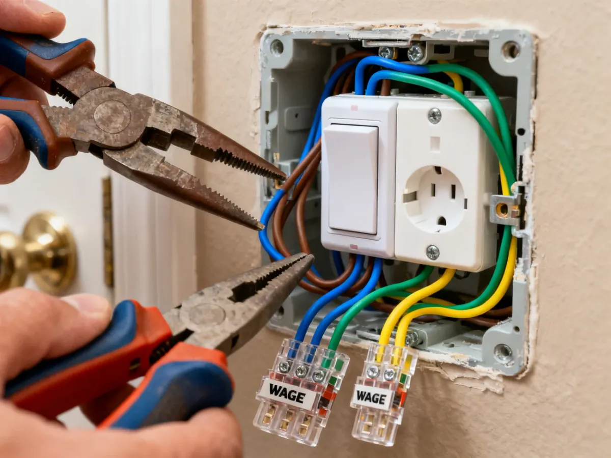 Elektryk podłącza włącznik światła z gniazdkiem w puszce instalacyjnej