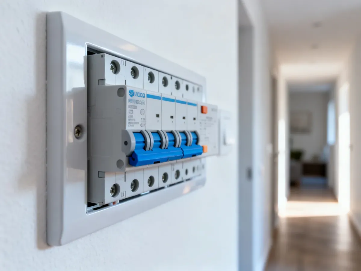 Nowoczesna rozdzielnica elektryczna z wyłącznikami różnicowoprądowymi zamontowana na ścianie w domu.