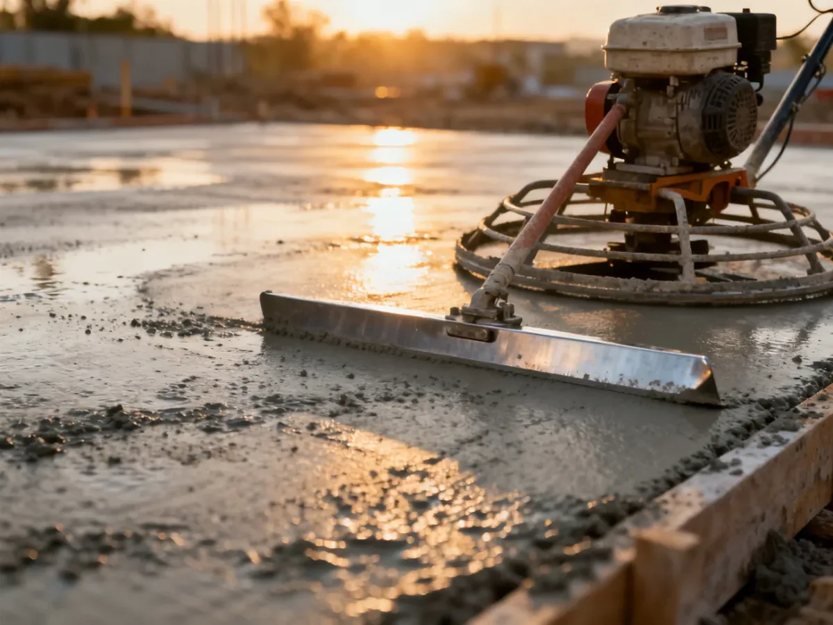 Zacieraczka mechaniczna na świeżo wylanej płycie betonowej w świetle wschodzącego słońca.