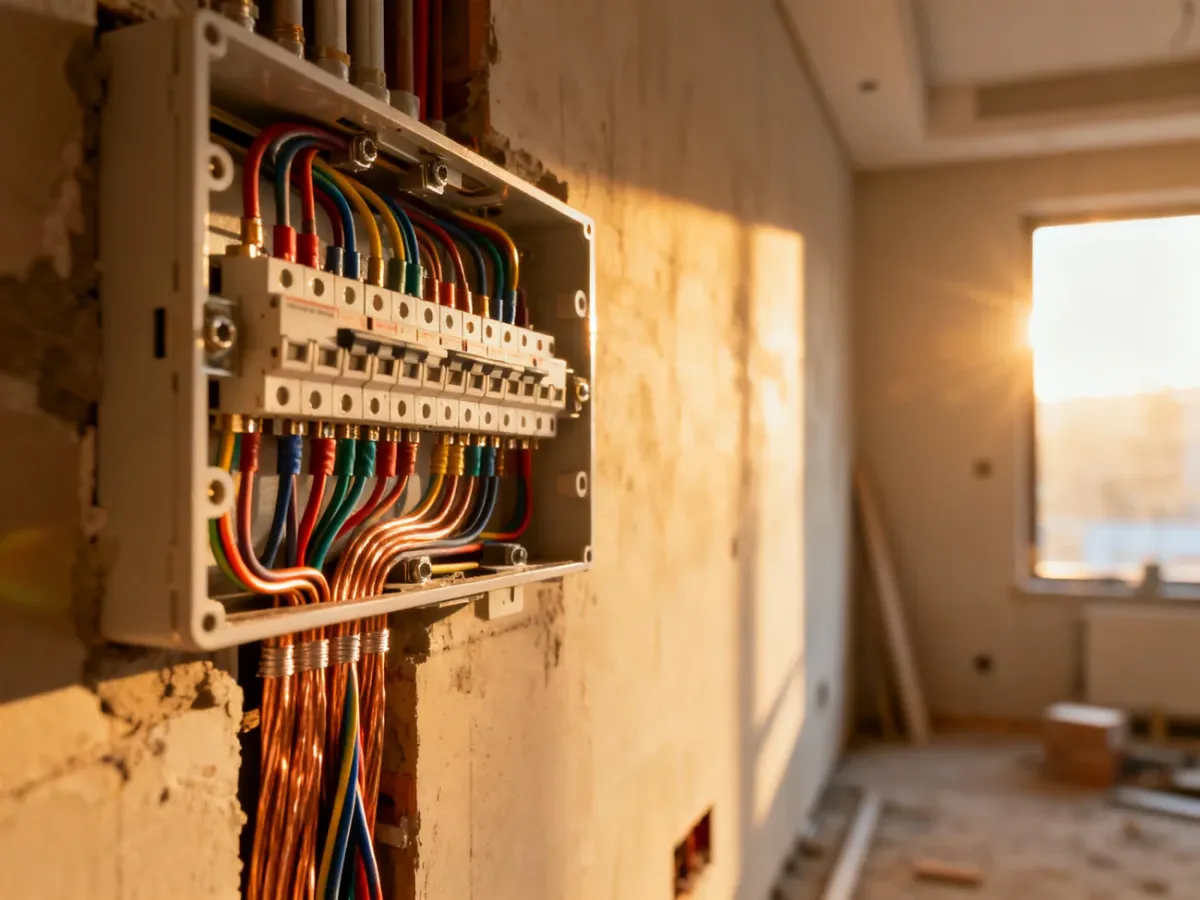 Profesjonalna puszka instalacyjna z uporządkowanymi przewodami elektrycznymi wewnątrz ściany w trakcie budowy.