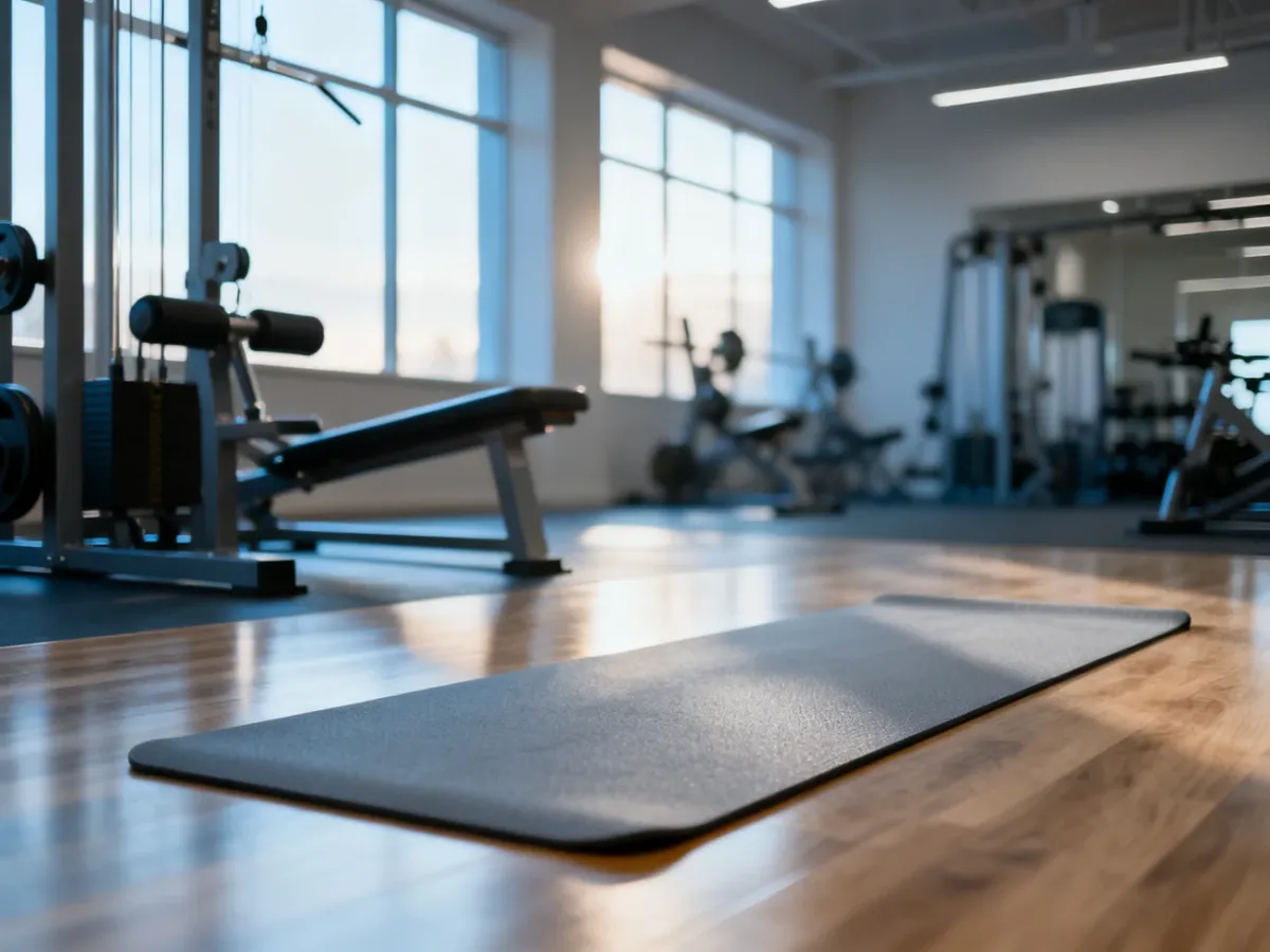 Mata do ćwiczeń rozłożona na drewnianej podłodze w jasnym studiu fitness, przygotowana do wykonania deski bokiem.