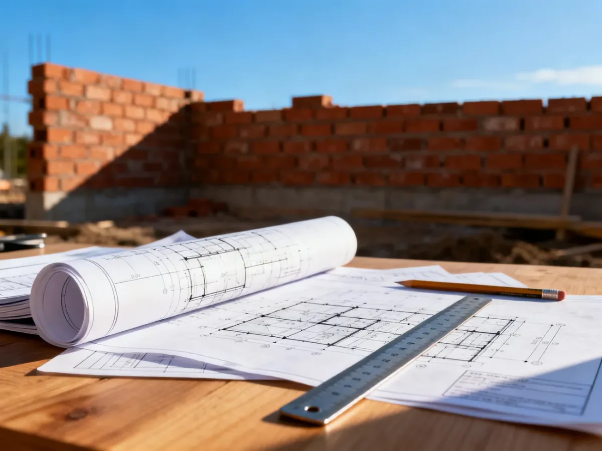 Projekt architektoniczny domu na biurku z przyborami kreślarskimi, w tle widoczna budowa w trakcie realizacji.