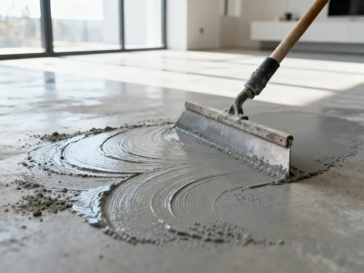 Profesjonalista nakłada pacą warstwę mikrocementu na betonową podłogę, tworząc dekoracyjną, szarą powierzchnię.