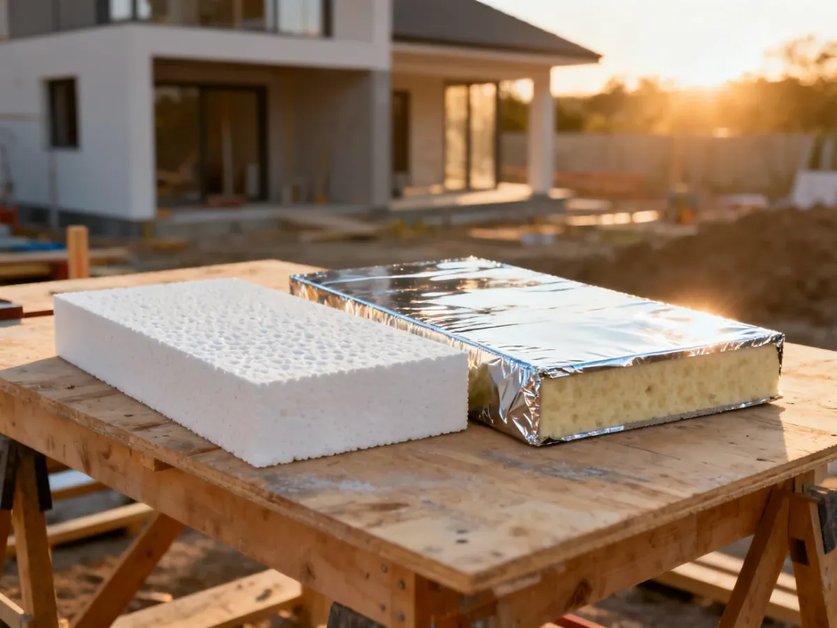Porównanie płyt styropianowych oraz paneli PIR z powłoką aluminiową na placu budowy.