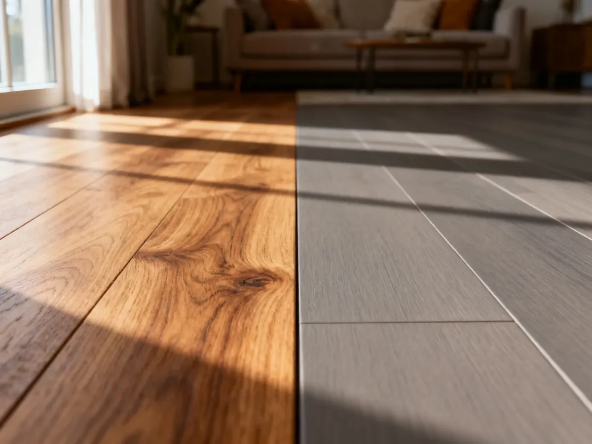 Porównanie tekstur naturalnego drewna dębowego oraz nowoczesnych paneli laminowanych w przytulnym wnętrzu.