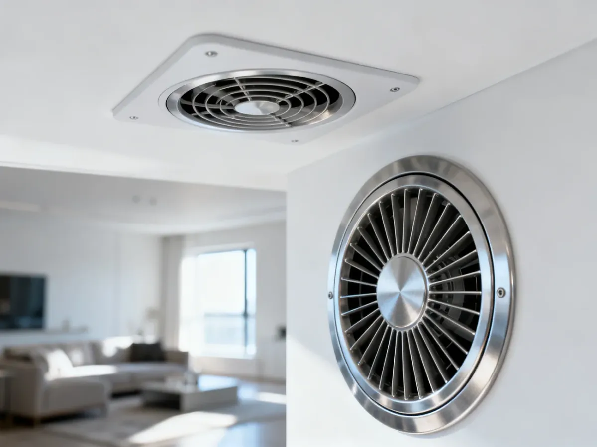 Nowoczesny nawiew wentylacji mechanicznej wbudowany w sufit minimalistycznego salonu.