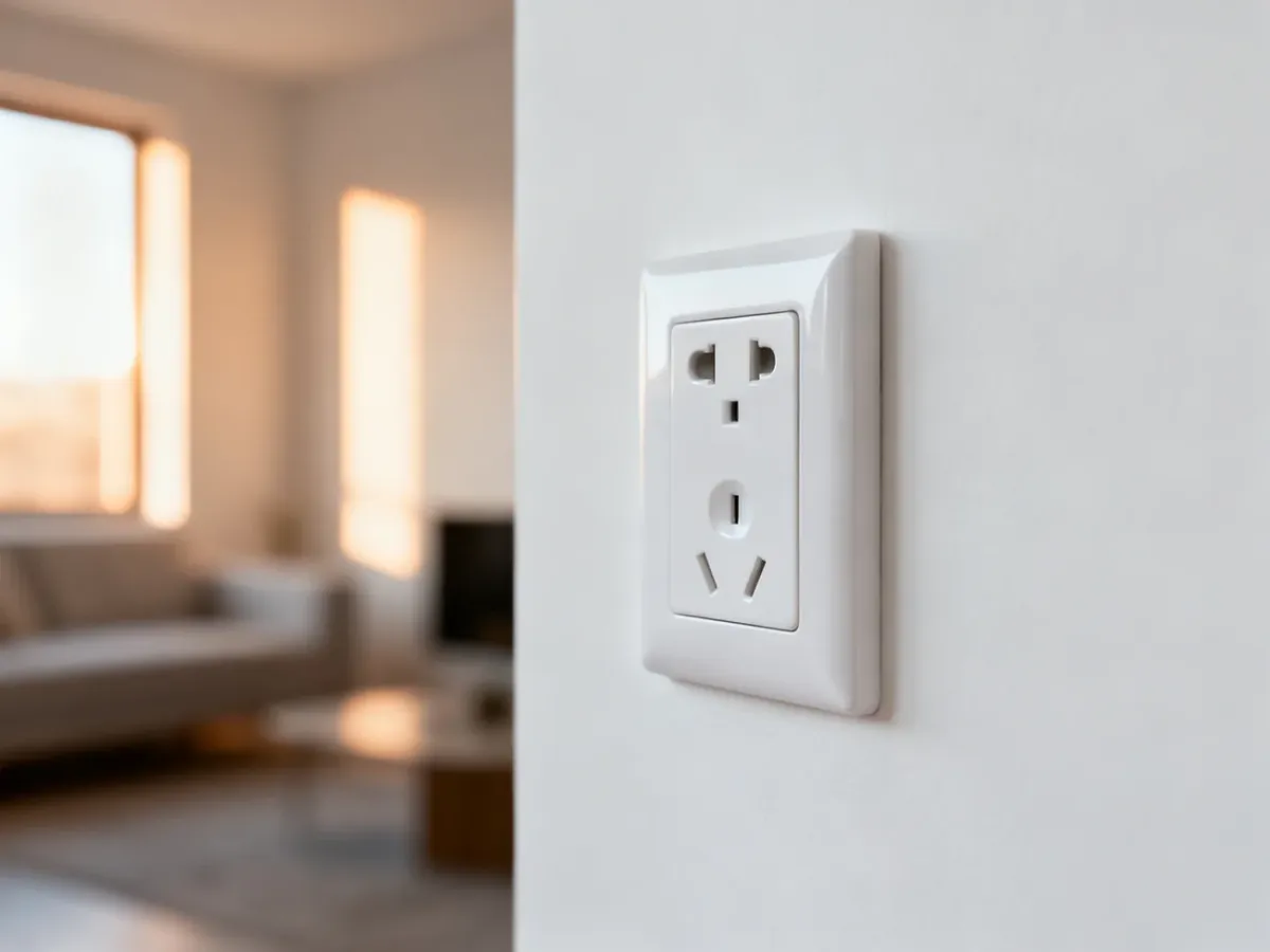 Nowoczesne gniazdko elektryczne zamontowane na białej ścianie w minimalistycznym wnętrzu.