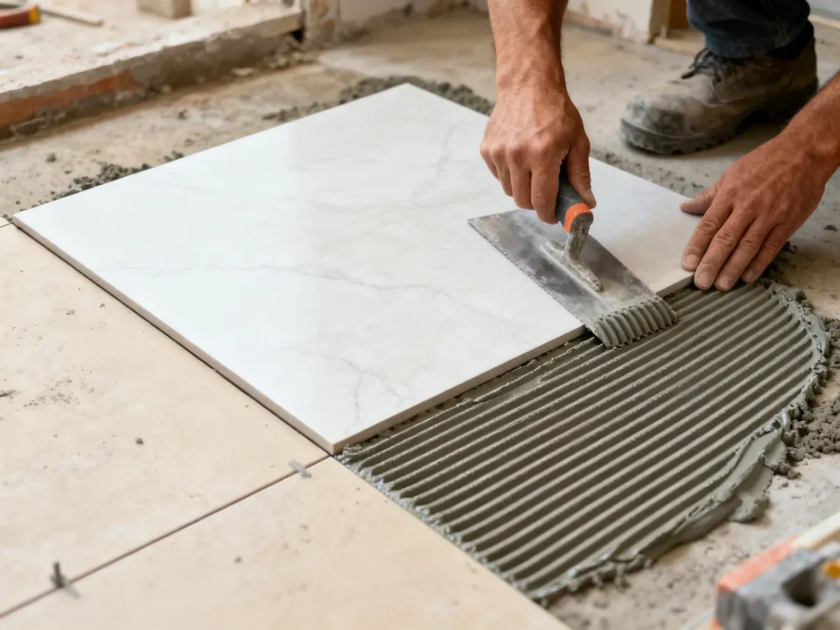 Układanie dużej płytki 60 × 60 cm metodą kombinowaną z użyciem pacy zębatej