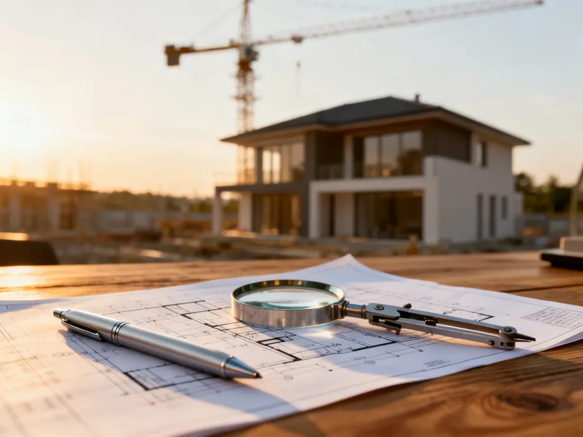Profesjonalny projekt architektoniczny domu na drewnianym biurku z przyborami kreślarskimi i widokiem na plac budowy.